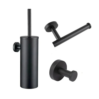 De Xavo Black WC-set van yessential.nl bestaat uit een matzwarte toiletborstelhouder, wandclosetpapierhouder en wandhaak - moderne badkameraccessoires voor elke hedendaagse ruimte, afgebeeld op een witte achtergrond.