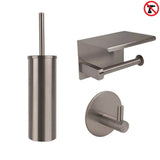 De Juano Gunmetal WC Set van yessential.nl bestaat uit een roestvrijstalen toiletborstel met houder, toiletpapierhouder met planchet en wandhaak - afgebeeld op een witte achtergrond met een no-drill symbool in de rechterbovenhoek.