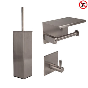 De Lazzo Gunmetal WC Set (no-drill) van yessential.nl bestaat uit een roestvrijstalen toiletborstel met houder, toiletpapierhouder met planchet en een enkele wandhaak. Een "niet boren" icoon benadrukt deze moderne badkamerset.