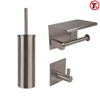 De Tapio Gunmetal WC Set (no-drill) van yessential.nl bestaat uit een toiletborstelgarnituur, toiletpapierhouder met planchet en wandhaak. In de rechterbovenhoek staat een no-drill symbool.