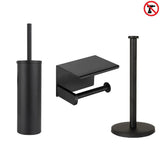 De Tygo Black WC Set van yessential.nl bevat drie matzwarte accessoires: een toiletborstel met houder, een wandmontage toiletrolhouder met plankje en een staande toiletrolhouder. Het zonder boren-symbool staat rechtsboven.