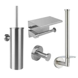 De Santino RVS WC Set van yessential.nl bevat een wc-borstelhouder, wc-papierhouder met deksel, wandhaak en reserverolhouder - perfect om je badkamer stijlvol en functioneel op te waarderen.