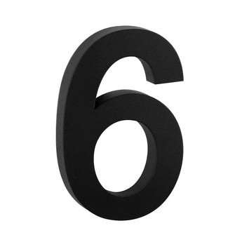 De Angelo Black 20cm van yessential.nl is een groot, zwart, 3D huisnummer perfect voor moderne huisnummers of iedereen die stijlvolle 3D huisnummers voor in huis wil, hier afgebeeld als het nummer 6 op een witte achtergrond.