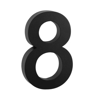 De Angelo Black 30cm van yessential.nl is een opvallend, groot 3D huisnummer acht in zwart, rechtop tegen een witte achtergrond-ideaal voor liefhebbers van moderne, stijlvolle huisnummers.