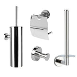 De Lauro Chroom WC-set van yessential.nl bevat vier badkameraccessoires: een toiletborstelhouder, toiletpapierhouder met deksel, badjashaak en reserve toiletpapierhouder - alles in een glanzende moderne afwerking.