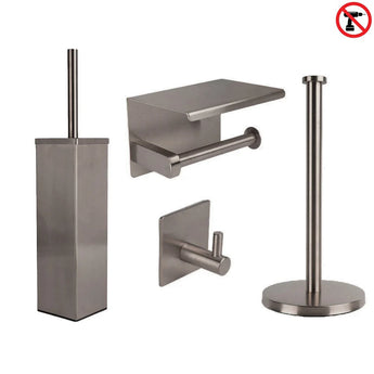 De Gio Gunmetal WC Set (zonder boren) van yessential.nl bestaat uit een vierkante toiletborstelgarnituur, wandpapierhouder met planchet, ronde haak en vrijstaande papierhouder. Zonder boren symbool staat in de rechterbovenhoek.