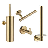 De Romano Gold WC-set van yessential.nl bestaat uit vier gouden toiletaccessoires - een slanke borstelhouder, schuine papierhouder, badjashaak en reserverolhouder - die moderne elegantie toevoegen aan je badkamer.