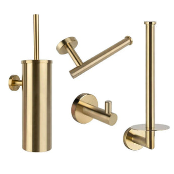 De Romano Gold WC-set van yessential.nl bestaat uit vier gouden toiletaccessoires - een slanke borstelhouder, schuine papierhouder, badjashaak en reserverolhouder - die moderne elegantie toevoegen aan je badkamer.