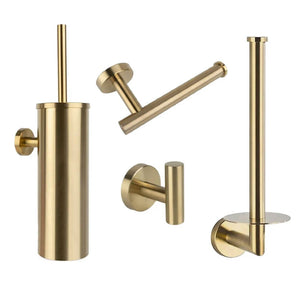 De Corrado Gold WC set van yessential.nl heeft vier moderne, mat afgewerkte gouden accessoires: een toiletborstelhouder, wandhaak, toiletrolhouder en reserverolhouder-een stijlvolle toevoeging aan elke badkamer.