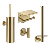 De Pacho Gold WC-set van yessential.nl bestaat uit 4 gouden badkameraccessoires: een wc-borstelhouder, wc-papierhouder met planchet, reservehouder en enkele wandhaak - allemaal in een moderne geborstelde metalen afwerking.