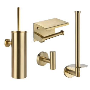 De Pacho Gold WC-set van yessential.nl bestaat uit 4 gouden badkameraccessoires: een wc-borstelhouder, wc-papierhouder met planchet, reservehouder en enkele wandhaak - allemaal in een moderne geborstelde metalen afwerking.