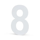 Een groot driedimensionaal nummer 8 in Adamo White 15cm van yessential.nl staat rechtop tegen een effen achtergrond, perfect als modern wit huisnummer.
