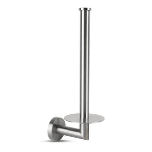 De Roberto RVS reserverolhouder van yessential.nl is een wandhouder met een verticale stang en ronde basis voor extra rollen. De strakke, geborstelde metalen afwerking voegt een modern tintje toe aan elke badkamer.