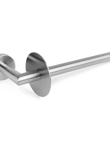 De Corrado RVS WC Set van yessential.nl is een roestvrijstalen wandcloset met een minimalistische cilindrische arm en ronde voet, perfect voor strakke RVS badkameraccessoires.