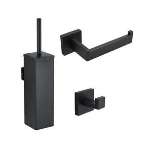 De Damiano Black Set van yessential.nl bestaat uit een moderne matzwarte toiletborstelhouder, een rechthoekige papierhouder en een vierkante wandhaak, elk in een strak, minimalistisch design.
