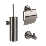 De Marino Gunmetal WC-set van yessential.nl bestaat uit een roestvrijstalen wc-borstelhouder, wc-papierhouder met deksel en wandhaak - allemaal in een moderne geborstelde gunmetal afwerking om elke moderne badkamer te verfraaien.