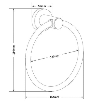 Lijntekening van Elarbo Chroom door yessential.nl: ruimtebesparende handdoekring, 180mm hoogte, 164mm breedte, 140mm binnenring diameter, en 50mm wandmontage diepte - een ideale badkamer accessoire.