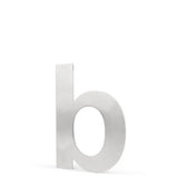 Een metallic kleine letter b, 15cm hoog, staat rechtop op een witte achtergrond met een geborstelde zilveren afwerking, die de moderne, strakke stijl van de Adamo RVS 15cm van yessential.nl weerspiegelt.