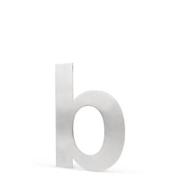 Een metallic kleine letter b, 15cm hoog, staat rechtop op een witte achtergrond met een geborstelde zilveren afwerking, die de moderne, strakke stijl van de Adamo RVS 15cm van yessential.nl weerspiegelt.