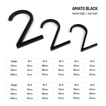 Boven een tabel met de titel "AMATO BLACK MATEN TABEL / SIZE CART," staan drie zwarte, hoekige nummer 2 cijfers van oplopende grootte. Het Amato Black 15cm huisnummer van yessential.nl - een modern ontwerp, perfect voor stijlvolle zwarte gevels.