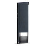 Zijaanzicht van de Sergio Anthracite van yessential.nl, een strakke, minimalistische donkergrijze metalen wandbrievenbus met een bovendeksel en open ruimte aan de onderkant.