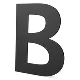 Een grote, zwarte hoofdletter B staat rechtop op een effen witte achtergrond, met het Animo Black 15cm (no drill) ontwerp van yessential.nl-ideaal als stijlvolle huisnummer plakletter.