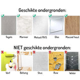 Het Nederlandse schema voor de 4x Rudro Gunmetal handdoekhaakjes van yessential.nl toont geschikte oppervlakken (tegels, marmer, metaal/gunmetal, glas, massief hout) en kruist ongeschikte zoals verf, behang en stucwerk aan.