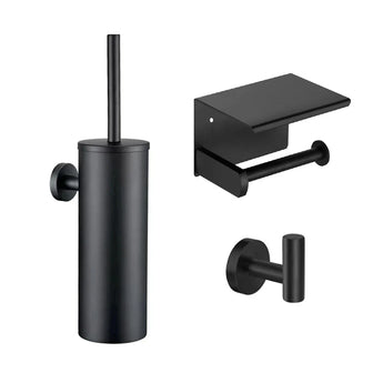De Nando Black WC set van yessential.nl bevat een matzwarte, minimalistisch ontworpen wandtoiletborstelhouder, een toiletrolhouder met plankje en een enkele badjashaak.