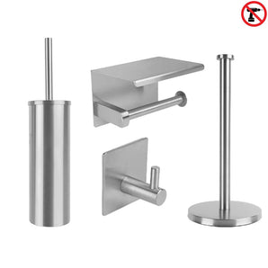 De yessential.nl Ludo RVS WC Set (no-drill) bevat een toiletborstel met houder, wandtoiletrolhouder met plankje, wandhaak en vrijstaande toiletrolhouder. Eenvoudig te installeren zonder boren, ideaal als toiletaccessoireset.