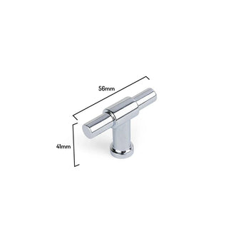 De 10x Cordero Chroom knop van yessential.nl, perfect als keukenkast knoppen of meubelknoppen chroom, is afgebeeld op een witte achtergrond met afmetingen van 56mm breed en 41mm hoog.