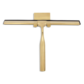 De Zamoro Gold van yessential.nl is een goudkleurige roestvrijstalen douche trekker met een zwart rubberen lemmet, weergegeven op een witte achtergrond.