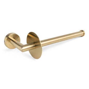 De Pacho Gold toiletset van yessential.nl heeft een stijlvolle goudkleurige metalen toiletrolhouder met een cilindrische stang en ronde montageplaat, perfect voor wandmontage en om elke badkameraccessoireset of toiletset goud te doen lijken.