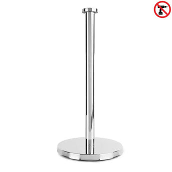 De Delo Chroom WC Set van yessential.nl heeft een roestvrijstalen staande houder met een ronde basis. Een "zonder boren" icoontje rechtsboven geeft aan dat er niet geboord hoeft te worden voor installatie.
