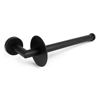 De Donato Black WC Set van yessential.nl heeft een moderne matzwart metalen toiletpapierhouder met een cilindrische staaf, ronde voet en schijfvormige stop - een elegante keuze voor je badkameraccessoires.