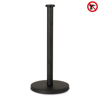 De Jurado Black van yessential.nl is een vrijstaande keukenrolhouder met een ronde voet en verticale stang. Een no-drill symbool rechtsboven laat zien dat deze stijlvolle houder gemakkelijk te installeren is zonder gereedschap.