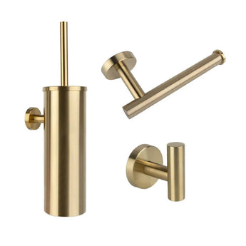 De Ferro Gold WC-set van yessential.nl bestaat uit een toiletborstelhouder met borstel, wandclosetpapierhouder en wandhaak, allemaal in bijpassend geborsteld goud en strak cilindervormig ontwerp.