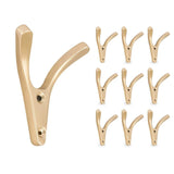 De 10x Vilano Gold kapstokhaakjes van yessential.nl hebben een minimalistisch ontwerp met twee tanden en schroefgaten voor eenvoudige montage. Afgebeeld per stuk en als set van tien tegen een witte achtergrond.