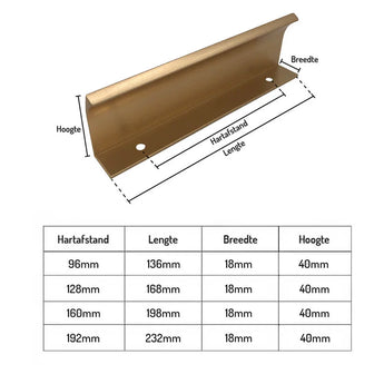 Een gouden L-vormige Enzo Gold Deluxe profielhandgreep van yessential.nl, gelabeld met hartafstand, lengte, breedte (18mm), en hoogte (40mm). Tabel toont 5 maten; alle hoekgrepen goud hebben dezelfde breedte en hoogte.