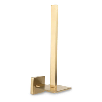 De Bellino Gold toiletrolhouder van yessential.nl heeft een modern ontwerp met een vierkante basis en een verticale rechthoekige stang voor het ophangen van toiletpapierrollen.