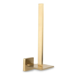 De Bellino Gold toiletrolhouder van yessential.nl heeft een modern ontwerp met een vierkante basis en een verticale rechthoekige stang voor het ophangen van toiletpapierrollen.
