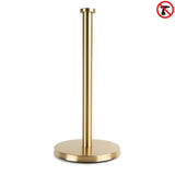 De Gio Gold WC Set (zonder boren) van yessential.nl heeft een goudkleurige, vrijstaande papieren handdoekhouder met ronde voet en verticale stang. Een "zonder boren" icoon geeft aan dat boren niet nodig is. Past bij andere gouden wc-accessoiresets.