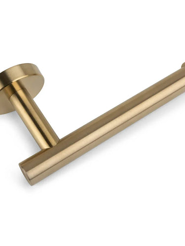 De Ferro Gold WC-set van yessential.nl is een moderne, wandgemonteerde toiletpapierhouder in geborsteld goud met een cilindrische stang en ronde voet, perfect voor stijlvolle badkameraccessoires.