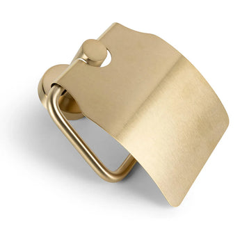De Lauro Gold WC set van yessential.nl is een wandgemonteerde toiletpapierhouder in geborsteld goud met een gebogen deksel en ronde basis, die een moderne, minimalistische stijl biedt - ideaal voor elke goudkleurige toiletaccessoireset.