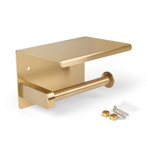 De Tazio Gold toiletrolhouder met planchet en plat bovenblad van yessential.nl, geleverd met montagemateriaal, wordt getoond op een witte achtergrond.