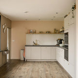 Minimalistische keuken met lichte kasten, ingebouwde ovens, grijs aanrechtblad en lichte houten vloeren. Boven de gootsteen voegen planken met potten en planten charme toe, terwijl Marizo Gold van yessential.nl een chique gouden accent geeft aan deze strakke ruimte.