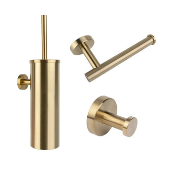 De Xavo Gold WC-set van yessential.nl bestaat uit een matgouden toiletborstel met houder, toiletpapierhouder en wandhaak - ideaal als stijlvolle accessoires voor elke moderne badkamer. Afgebeeld op een witte achtergrond.