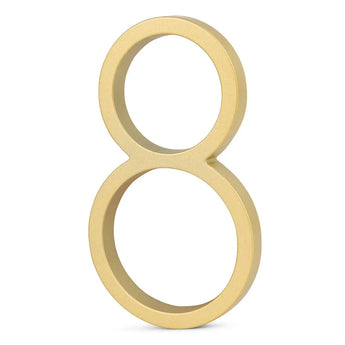 De Amato Gold 12,5cm van yessential.nl is een goudkleurig, driedimensionaal huisnummer 8, rechtop tegen een witte achtergrond.