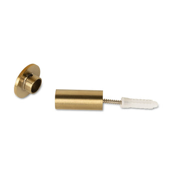 De 4x Carreno Gold set van yessential.nl bestaat uit messing muurankers met een rond schroefdraaddeksel, cilindrisch inzetstuk, schroef en witte muurplug - ideale badkameraccessoires - gerangschikt op een witte achtergrond.