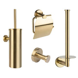 De Lauro Gold WC-set van yessential.nl bestaat uit vier elegante badkameraccessoires: een wc-borstelhouder, een wc-papierhouder met deksel, een wandhaak en een reserve wc-papierhouder.