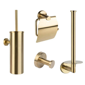 De Lauro Gold WC-set van yessential.nl bestaat uit vier elegante badkameraccessoires: een wc-borstelhouder, een wc-papierhouder met deksel, een wandhaak en een reserve wc-papierhouder.